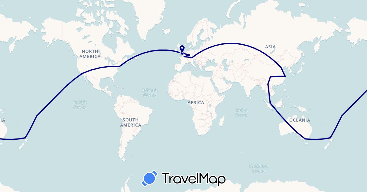 TravelMap itinerary: driving in Australia, China, Germany, France, United Kingdom, New Zealand, Singapore, United States, Samoa (Asia, Europe, North America, Oceania)